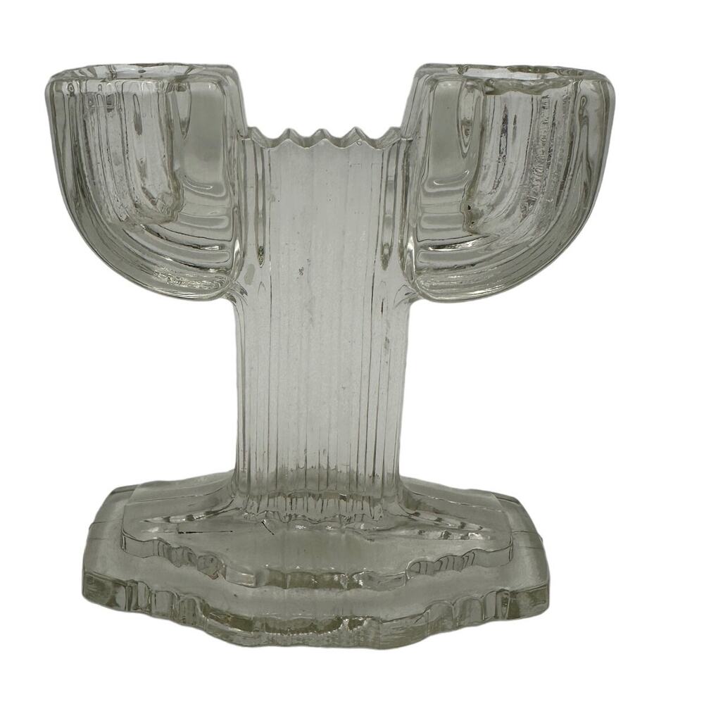 Vtg Anchor Hocking Double Candlestick Queen Mary Clear 4.5" Art Deco 1936-1949